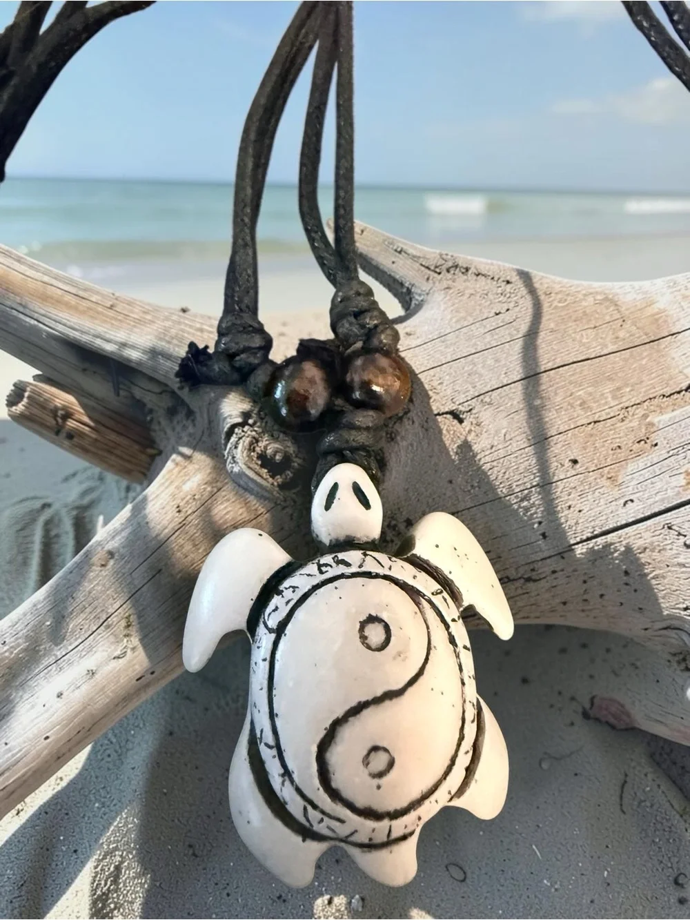 Handmade Turtle Pendant Necklace in Black Cord - Beach Boho Jewelry